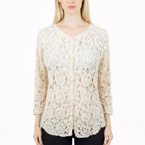 Vintage Kroshetta Cream Crochet Doily Pinwheel Button Cardigan Cottage Size L